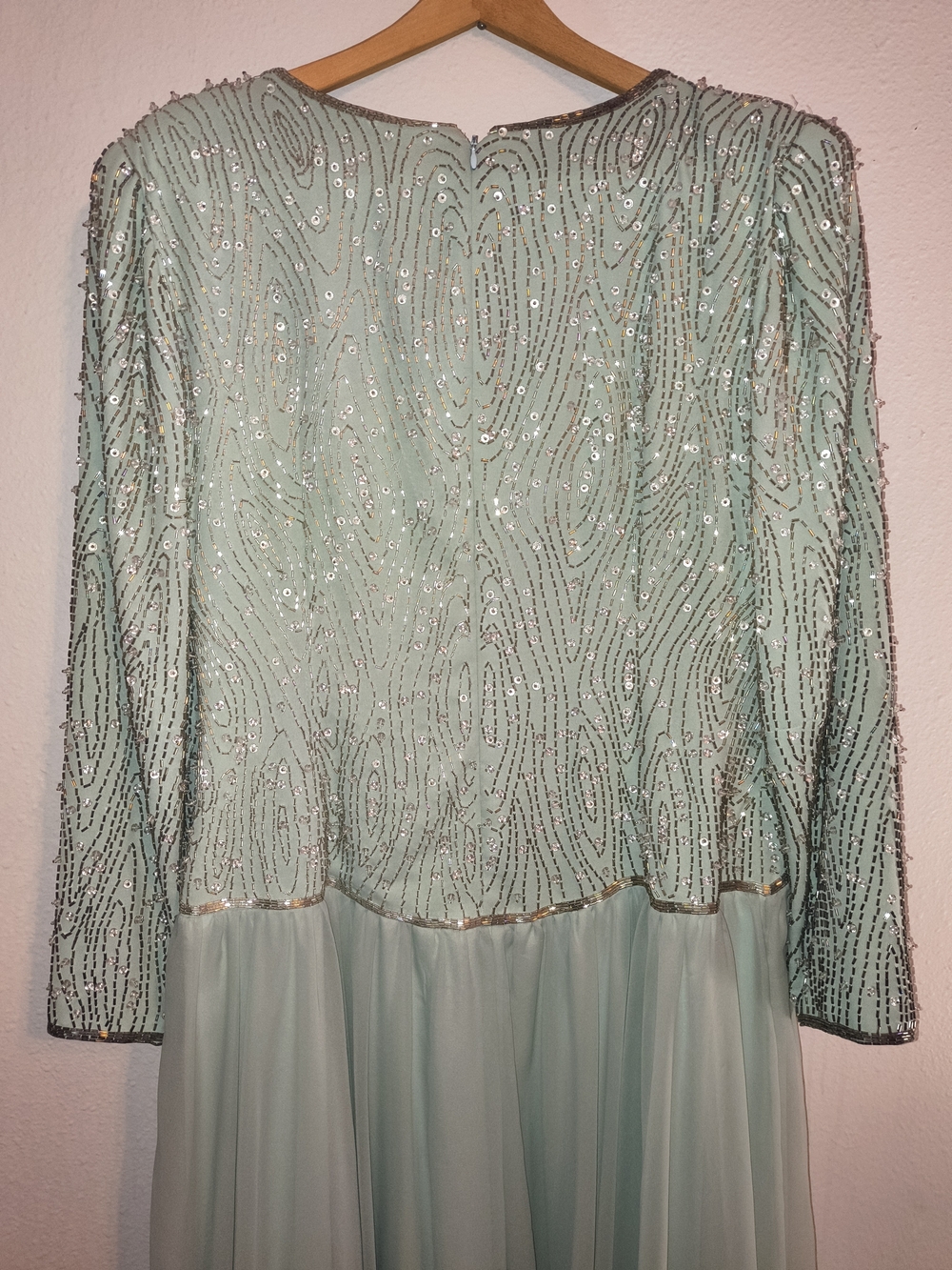 Vintage Jack Bryan Mint Green Beaded Sequin Chiffon Maxi Gown Size L/XL 14 16 - Picture 5 of 10